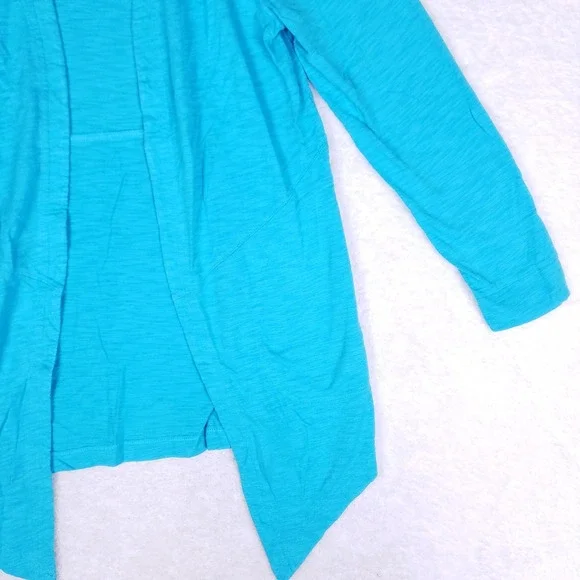 Chico's Open Front Cardigan Small Blue Long Sleeve Asymmetrical Hem Layering - Picture 3 of 10